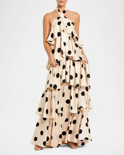 Mac Duggal Tiered Ruffle Polka Dot Charmeuse Gown In Cream Black In Neutral