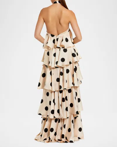 Mac Duggal Tiered Ruffle Polka Dot Charmeuse Gown In Cream Black In Neutral