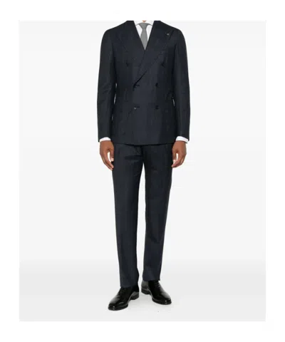 Tagliatore Double-breasted Check Suit In Blue