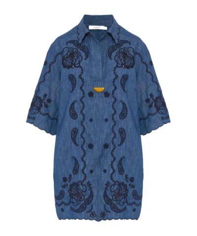 Zimmermann Aster Broderie Anglaise-trimmed Cotton-denim Mini Dress In Multi