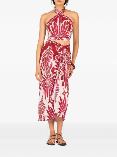 Poupette St Barth Uma Floral Gathered Cotton Midi Skirt In Brown