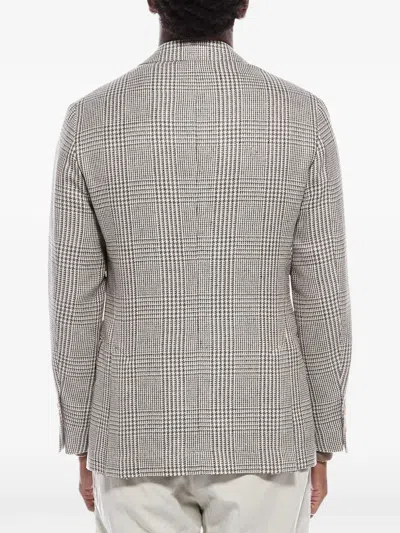 Brunello Cucinelli Half-lined Linen Blend Blazer With Houndstooth Motif In Multi