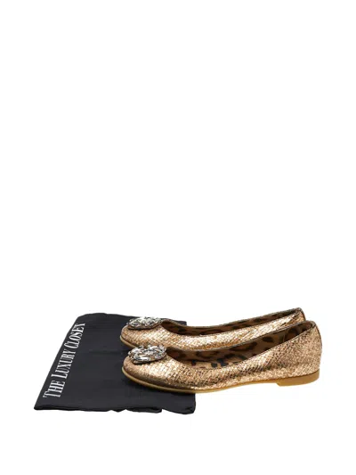 Pre-owned Roberto Cavalli Python-embossed Logo Ballet Flats In Gold