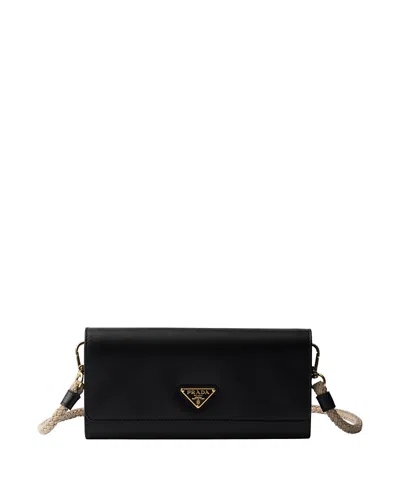 Prada Black Leather Wallet With Shoulder Strap In Purple