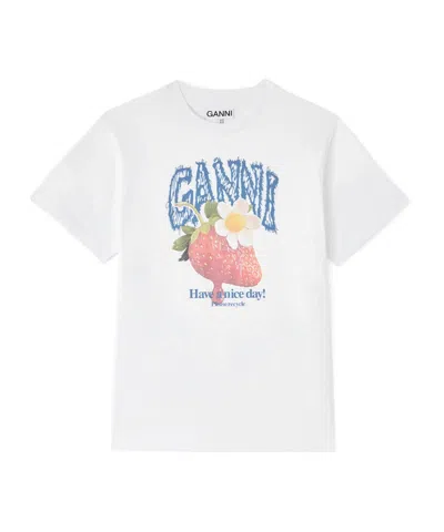 Ganni Womens Bright White Jersey Strawberry Printed Round-neck Cotton-jersey T-shirt In Multi