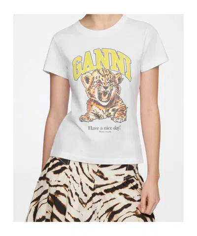 Ganni Organic Cotton T-shirt With Front Print In White