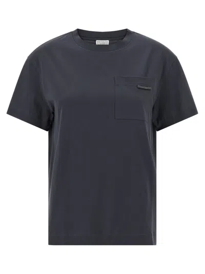 Brunello Cucinelli Navy Blue Solid Crew Neck T-shirt In Blue