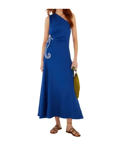 Farm Rio Embroidered Seahorse One-shoulder Linen Dress In Blue