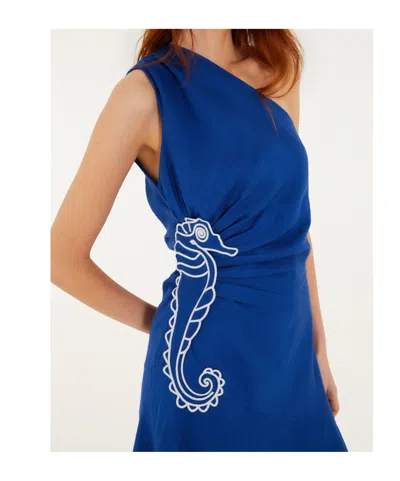 Farm Rio Embroidered Seahorse One-shoulder Linen Dress In Blue
