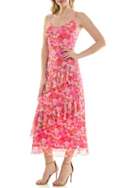 Bebe Print Mesh Ruffle Maxi Dress In Multi
