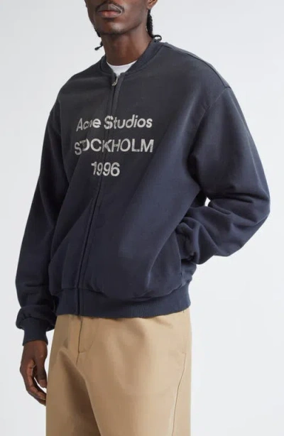Acne Studios Logo Zip Front Cotton Blend Sweatshirt In Blue