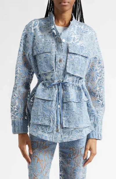 Veronica Beard Lane Sheer Floral Denim Jacket In Blue