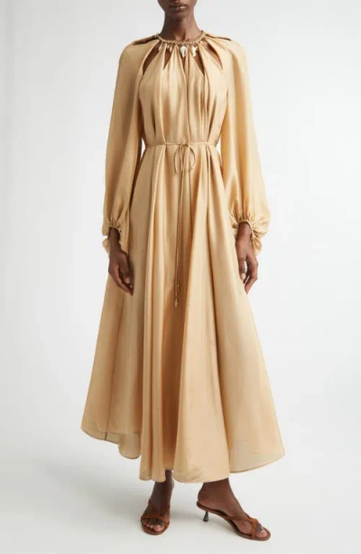 Zimmermann Silk Mini Dress With Billow Sleeves And Adjustable Chain In Gold