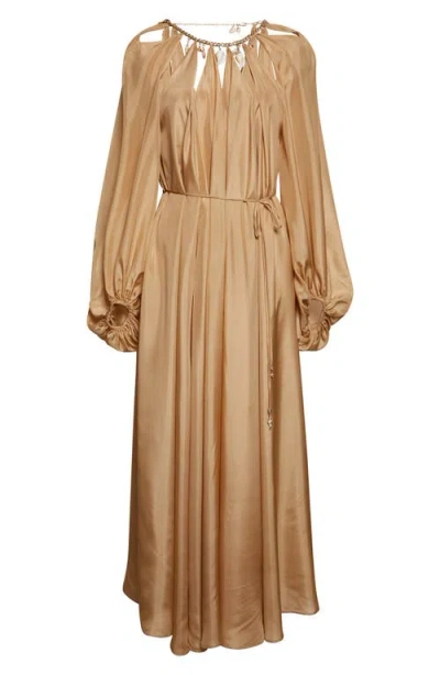 Zimmermann Silk Mini Dress With Billow Sleeves And Adjustable Chain In Gold