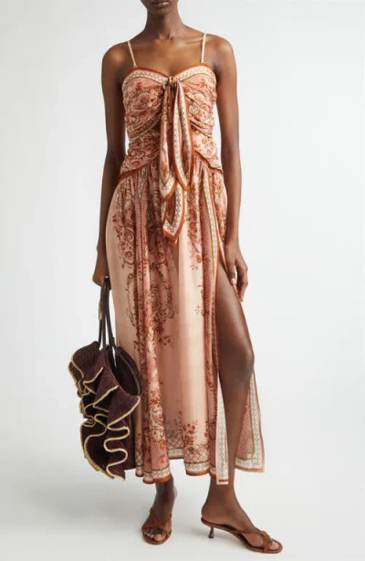 Zimmermann Womens Pink Paisley Floral Aster Scar Silk Midi Dress Xl In Brown