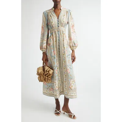 Zimmermann Womens Blue Tapestry Floral Roselight Plunge Linen Midi Dress Xs In Multi