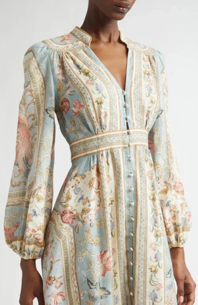 Zimmermann Womens Blue Tapestry Floral Roselight Plunge Linen Midi Dress Xs In Multi