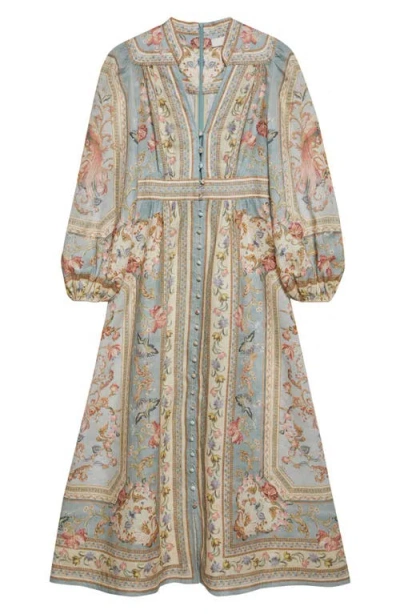 Zimmermann Womens Blue Tapestry Floral Roselight Plunge Linen Midi Dress Xs In Multi