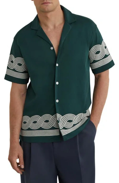Reiss Mens Soft Sage Green Arden Embroidered-trim Cotton-blend Shirt