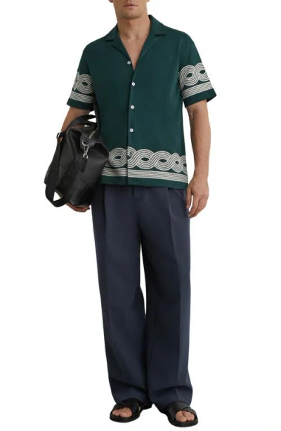 Reiss Mens Soft Sage Green Arden Embroidered-trim Cotton-blend Shirt