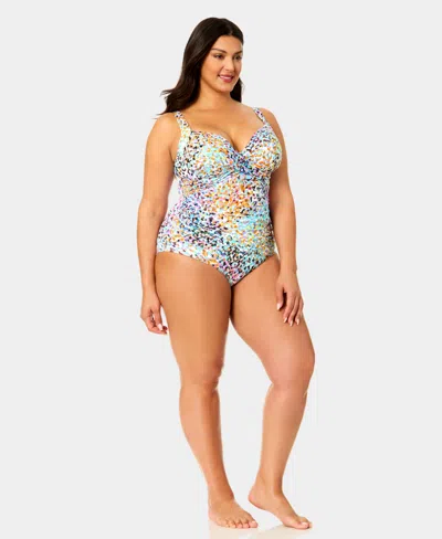 Anne Cole Plus Size Drape Front Underwire One-piece Swimsuit In Multi
