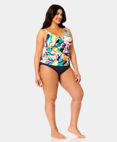 Anne Cole Plus Size Hidden Underwire Drape Front Tankini Top In Multi