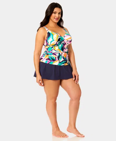 Anne Cole Plus Size Hidden Underwire Drape Front Tankini Top In Multi