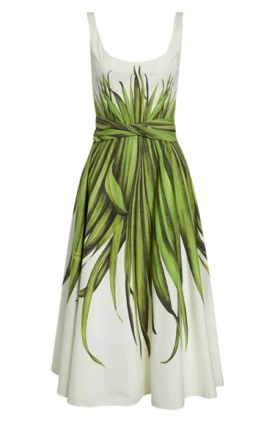Oscar De La Renta Palm Leaves Print Cotton Stretch Poplin Midi Dress In White