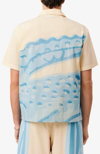 Lacoste Short-sleeve Camp Collar Shirt With Abstract Waves In Neutral