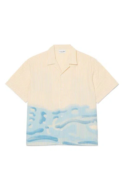 Lacoste Short-sleeve Camp Collar Shirt With Abstract Waves In Neutral