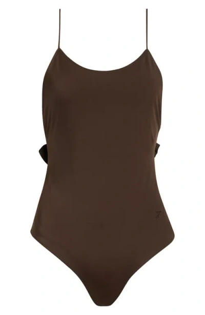 Jacquemus Cabana One Piece Swimsuit High Leg Ruffle In Brown