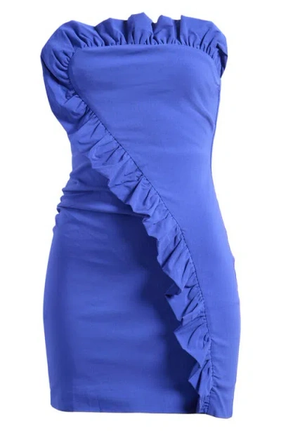 Mango Strapless Dress With Asymmetrical Ruffled Detail In Blue