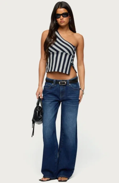 Edikted Stripe Side Button One-shoulder Top In Blue