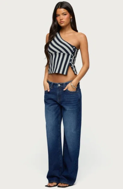 Edikted Stripe Side Button One-shoulder Top In Blue