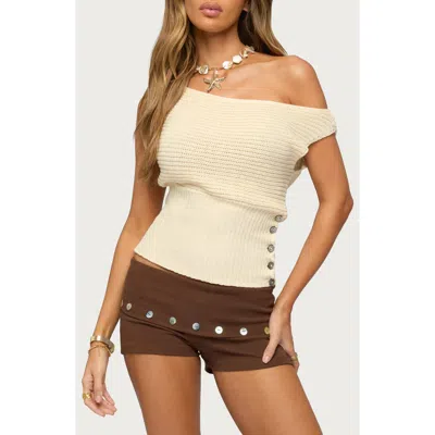 Edikted Buttoned Off Shoulder Crochet Top In Neutral