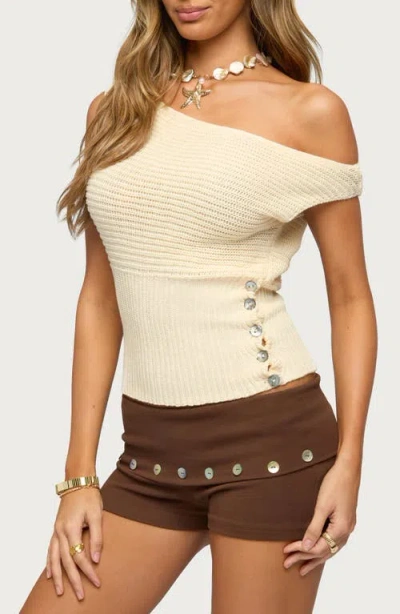 Edikted Buttoned Off Shoulder Crochet Top In Neutral