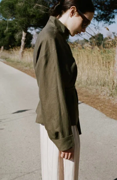 Mango Belted Linen Jacket In Green