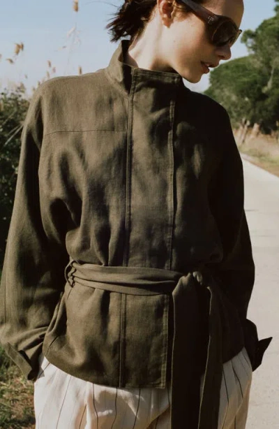 Mango Belted Linen Jacket In Green