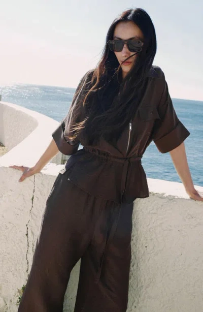 Mango Belted Zip-front Shirt In Brown