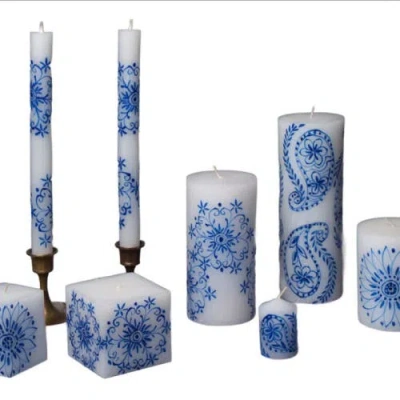 Thumbprint Artifacts Henna Blue On White Painted Cube Candle