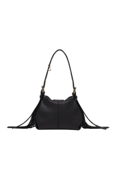 Maje Mini Miss M Fringe-trimmed Leather Shoulder Bag In Black