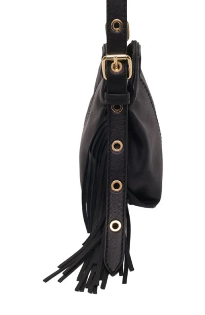 Maje Mini Miss M Fringe-trimmed Leather Shoulder Bag In Black