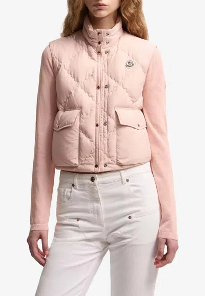 Moncler Biois Down Gilet Stand Collar Zigzag Quilted Technical Fabric In Pink