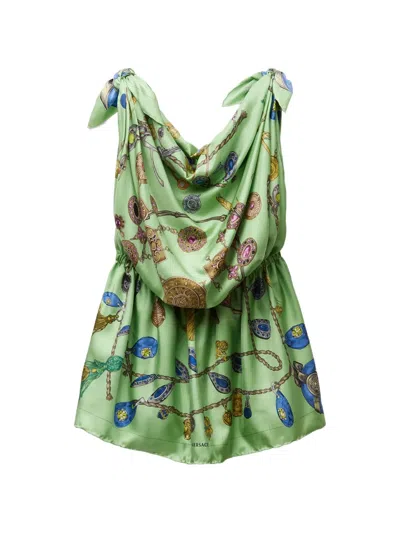 Versace Knotted Draped Printed Silk-twill Mini Dress In Green