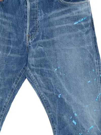 Visvim Paint-splatter Whiskered Jeans In Blue