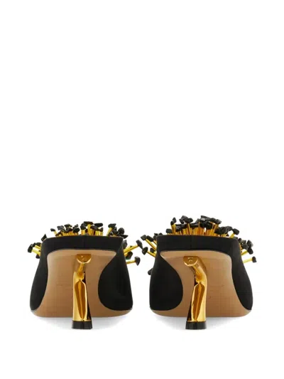 Ferragamo Black Heeled Sandals With Crystal Decoration On The Front In Fabric For Women