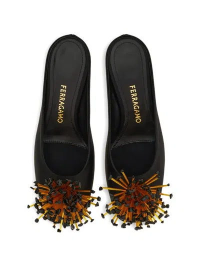Ferragamo Black Heeled Sandals With Crystal Decoration On The Front In Fabric For Women