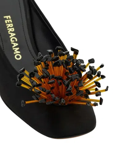 Ferragamo Black Heeled Sandals With Crystal Decoration On The Front In Fabric For Women