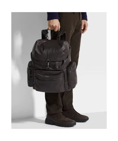 Zegna Leather Backpack In Brown