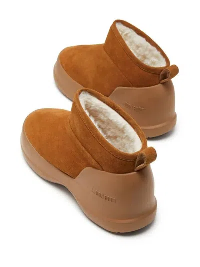 Moon Boot Suede Ankle Boots With Plush Fur Lining And Textured Sole In Brown